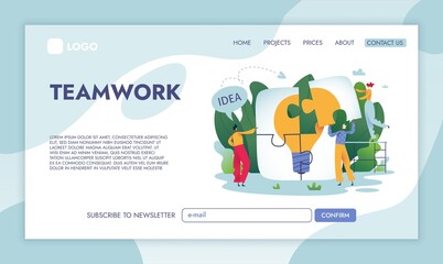 Teamwork Landing Page Template. People Connecting Puzzle Elements with Lamp. Business Vector Illustration.