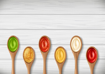 Set of sauces, ketchup, wasabi, mayonnaise in wooden spoons on background of boards. Vector food.