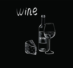wine line art , cheese, lettering and hand drawn vector chalk isolated illustration on black background. Concept for logo, menu, cards 