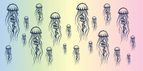 Jellyfish tattoo hand draw style. Mystical symbol of adventure, dreams, deep sea. Creative geometric jellyfish tattoo art t-shirt print design poster textile. tattoo design illustration. © SeemaLotion