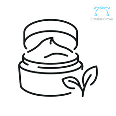 Natural organic cosmetic icon. Open jar of nature product ingredients  skin care or vegan food skin with green leaf label. Editable stroke vector illustration. Design on white background. EPS 10