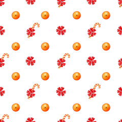 Christmas seamless pattern of candy cane with red bow and oranges.Holiday background with watercolor hand drawn elements.For new year wrappings,fabrics,wallpapers,prints,packaging,textiles,greetings.