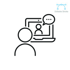 Video meeting icon. remote working Virtual discussion with people on computer screen. Digital conference seminar. Webinar symbol. Editable stroke vector illustration on white background. EPS 10