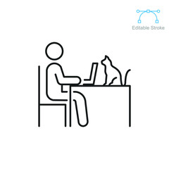 Human figure work on laptop with cat on table icon. Designer graphic lifestyle. Freelance working from home office. line pictogram editable stroke vector illustration Design on white background EPS10