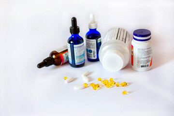 Medicine pills.
Tablets, blister capsules, glass vials of liquid medicines and plastic test tubes...