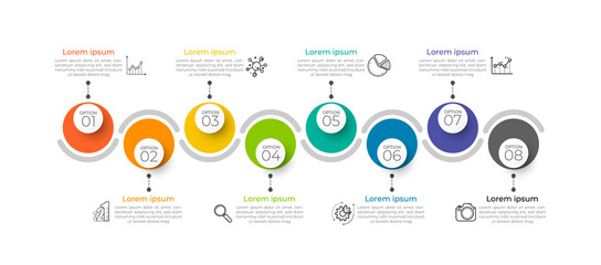 Minimal infographic Timeline template can be used for workflow layout, diagram, number options, web design. Infographic business concept with 8 option, parts, steps or processes. Abstract background.	