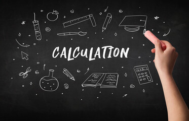 Hand drawing CALCULATION inscription with white chalk on blackboard, education concept