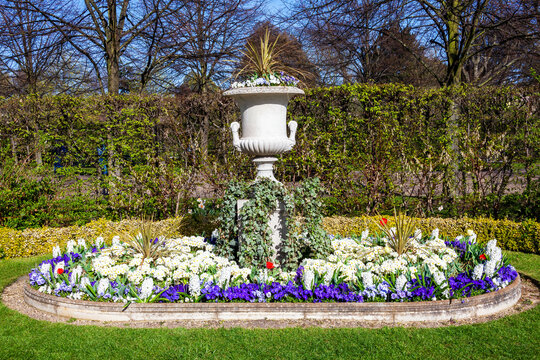 Regents Park spring urn flower display in a floral flower bed which is a popular public open space in London England UK and a popular travel destination tourist attraction landmark stock photo image