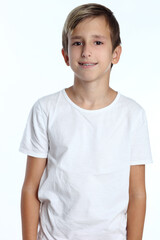 Portrait of happy joyful beautiful boy with smile isolated on white background