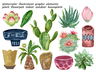Fototapeta premium watercolor illustration graphic elements plant flower pot indoor outdoor cactus succulents hand paint on white