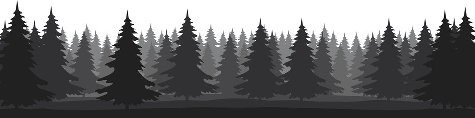 Fototapeta premium Forest landscape with silhouettes of coniferous trees. Horizontal backgrounds of nature. Vector illustration 