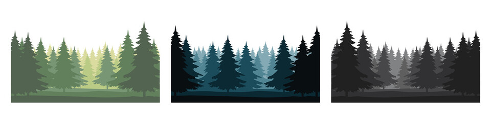 Obraz premium Set of forest landscapes with silhouettes of coniferous trees. Horizontal backgrounds of nature. Vector illustration 