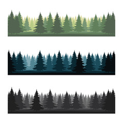 Set of forest landscapes with silhouettes of coniferous trees. Horizontal backgrounds of nature. Vector illustration
