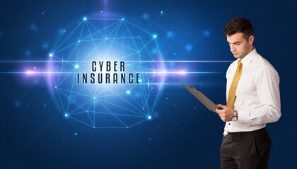 Businessman thinking about security solutions with CYBER INSURANCE inscription