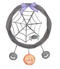Watercolor Halloween Wreath with pumpkins, spider web, violet bow and branches