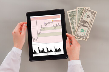 Business woman analyzing income charts and graphs with digital tablet. Cryptocurrency, online stock trading.