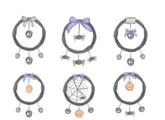 Watercolor Halloween Wreath Set with pumpkins, spider web, violet bow and branches