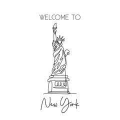 One continuous line drawing to Liberty Statue. Historical iconic place in New York, USA. Holiday vacation home decor wall art poster print concept. Modern single line draw design vector illustration © Simple Line