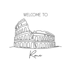 Single continuous line drawing Colosseum amphitheater. Iconic landmark place in Rome, Italy. World travel home decor wall art poster print concept. Modern one line draw design vector illustration - obrazy, fototapety, plakaty