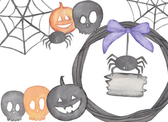 Watercolor Halloween Frame with pumpkins, spider web, violet bow, skulls and branches