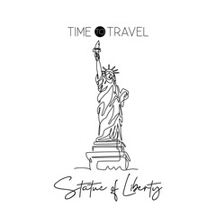 Single one line drawing Liberty Statue. Iconic symbol place in New York City USA. Tourism travel postcard and home wall art decor poster concept. Modern continuous line draw design vector illustration © Simple Line