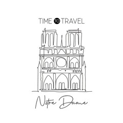 One continuous line drawing Notre Dame landmark. World iconic place in Paris, France. Holiday vacation home wall decor art poster print concept. Modern single line draw design vector illustration