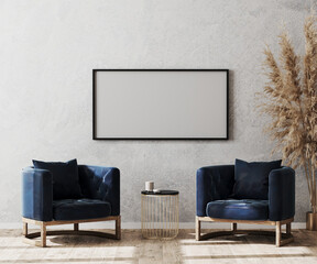 Mock up picture frame in modern living room interior background, lobby concept, two dark blue armchairs with gold coffee table on wooden floor and gray decorative plaster wall, luxury, 3d rendering