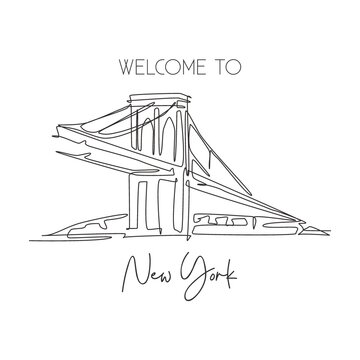 One Continuous Line Drawing Brooklyn Bridge Landmark. World Beauty Iconic Place In New York, USA. Home Wall Decor Art Poster Print Concept. Modern Single Line Draw Design Vector Graphic Illustration