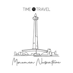 Depok, Indonesia - August 5, 2019: One single line drawing Monas landmark. Iconic place in Jakarta, Indonesia. Tourism travel postcard wall decor home art poster print concept. Vector illustration