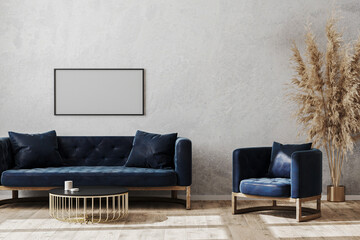 Blank poster frame in modern scandinavian style living room interior mock up with dark blue sofa and armchair, living room interior background, 3d rendering