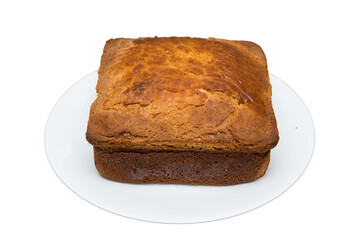 square shaped home baked golden brown pure butter cake with a crispy texture and super soft placed in a white ceramic plate on white background