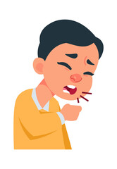 Boy with virus infection. Coronavirus disease symptoms and prevention concept. Human portrait with sneeze, cough, red nose, allergy or respiratory illness. Vector medicine and healthcare illustration