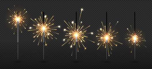 Party sparklers. Happy Christmas Bengal firework lights steps poster, realistic festive decorative elements banner detailed holiday fire on transparent background for fun events vector 3D isolated set