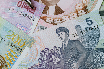 Various banknotes of North Korean won KPW , currency