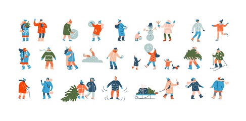 Winter people. Group of cartoon characters dressed in winter clothes with scarves and hats, doing outdoor Christmas activities. Families make snowman, carry Xmas trees. Vector flat isolated set
