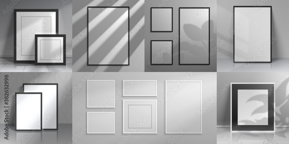 Poster realistic interior frames. 3d mockups with shadow overlay from windows and home plants for poster an