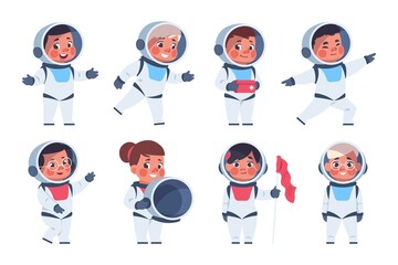 Kids astronauts. Cute happy cartoon children characters in white costumes of cosmonauts. Teens playing galaxy games, wear cosmic festival spacesuits. Vector space set for boys and girls science career © SpicyTruffel