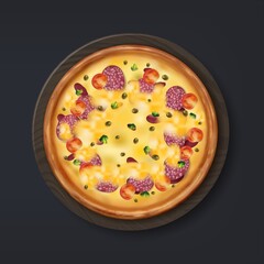 Realistic pizza. Tasty Italian food with cheese, tomato and mushrooms, salami. Menu traditional snack, pizzeria advertising template. Online delivery service application, vector isolated illustration
