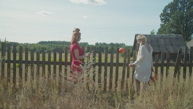 Attractive woman with sugar skull makeup and wreath as santa muerte with candy basket and female friend dressed as drowned woman celebrating halloween, trick or treating during holiday in countryside.