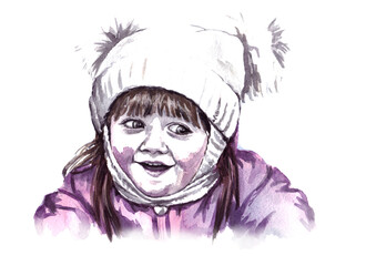 Portrait. A girl with cheeks red from frost, a warm winter hat with two buboes on her head, she smiles with a sly smile, painted on the shoulders in watercolor, isolated on a white background.