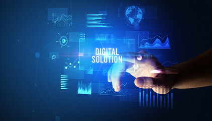 Hand touching DIGITAL SOLUTION inscription, new business technology concept