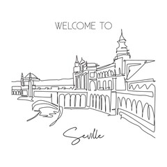 Fototapeta premium One continuous line drawing Plaza de Espana landmark. World iconic place in Sevilla Spain. Holiday vacation home wall decor art poster print concept. Modern single line draw design vector illustration