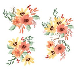 Watercolor Vector Bouquets with Orange and Yellow Flower