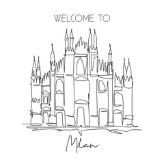 Fototapeta premium One single line drawing Duomo di Milano landmark. World famous place in Milan, Italy. Tourism travel postcard home wall decor poster concept. Modern continuous line draw design vector illustrationa