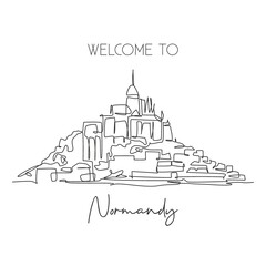 Single continuous line drawing Le Mont Saint Michel landmark. Beautiful famous place in Normandy, France. World travel tour home wall decor art concept. Modern one line draw design vector illustration - obrazy, fototapety, plakaty