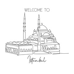 One single line drawing New Mosque landmark. World famous iconic cityscape in Istanbul Turkey. Tourism travel postcard wall decor poster concept. Modern continuous line draw design vector illustration