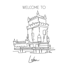 Obraz premium Single continuous line drawing Belem Tower landmark. Famous place in Lisbon, Portugal. World travel home wall decor art poster print campaign concept. Dynamic one line draw design vector illustration