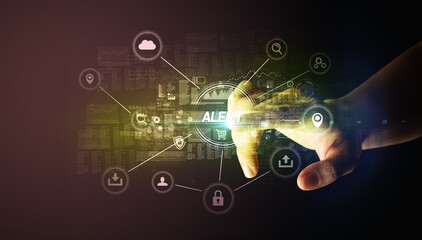 Hand touching ALERT inscription, Cybersecurity concept