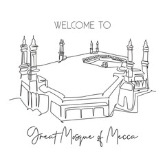 Fototapeta premium One continuous line drawing great mosque of masjid al haram landmark. Famous place in Mecca, Saudi Arabia. Hajj umrah wall decor poster art concept. Trendy single line draw design vector illustration