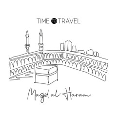 One single line drawing Masjid el Haram landmark. World famous iconic in Mecca, Saudi Arabia. Religious hajj umrah concept wall decor print art. Modern continuous line draw design vector illustration